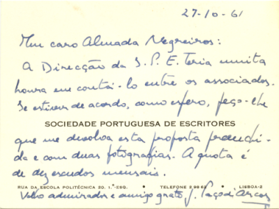 Carta de Joaquim Paço d'Arcos a José de Almada Negreiros
