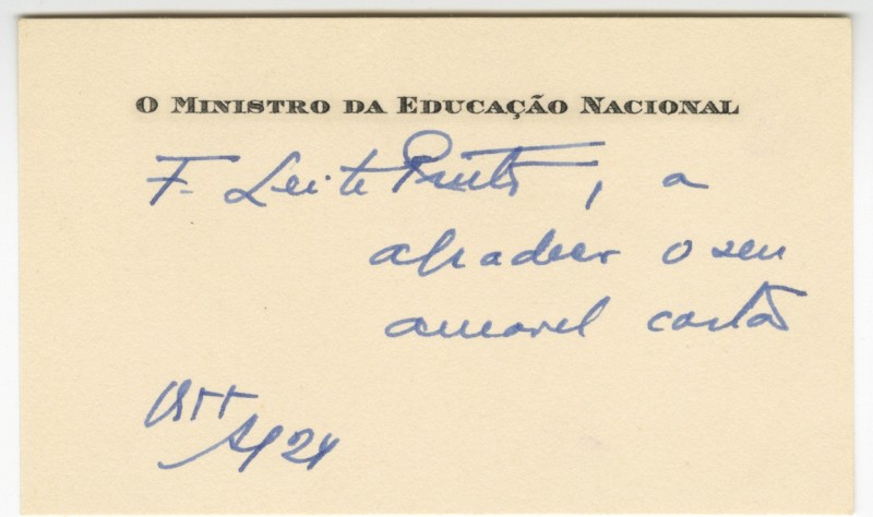 Bilhete de agradecimento do ministro Leite Pinto a José de Almada Negreiros