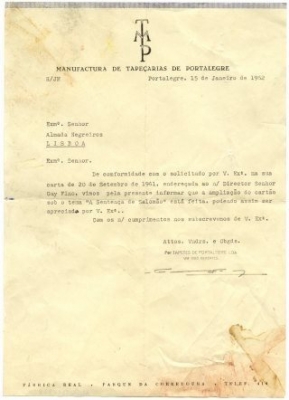 Carta da Manufactura das Tapeçarias de Portalegre a José de Almada Negreiros