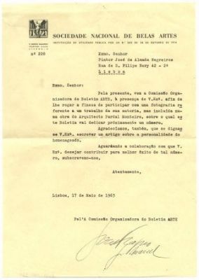 Carta da Sociedade Nacional de Belas Artes a José de Almada Negreiros