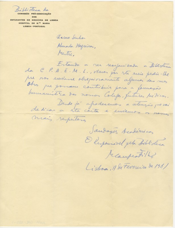 Carta do responsável da Biblioteca da Comissão Pró-Associação dos estudantes de medicina de Lisboa a Almada Negreiros