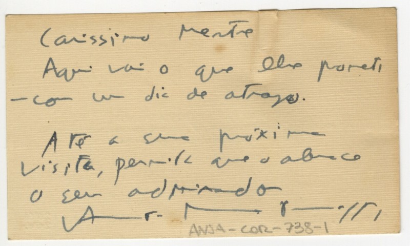 Cartão de visita com mensagem de Antonio Maria Pereira (filho) a José de Almada Negreiros 