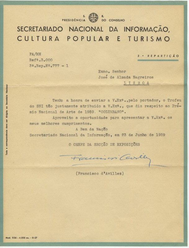 Carta de Francisco d'Avillez a José de Almada Negreiros