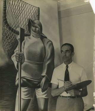 José de Almada Negreiros junto da Pintura 'Sargaceira'
