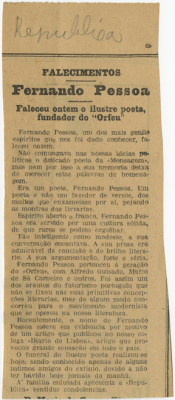 Falecimentos , Fernando Pessoa , Faleceu ontem o ilustre poeta, fundador do «Orpheu»