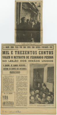 A maior soma paga por uma obra dum artista português vivo / Mil e trezentos contos valeu o retrato de Fernando Pessoa no leilão dos Irmãos Unidos