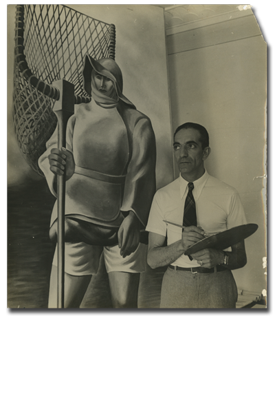 José de Almada Negreiros junto da pintura Sargaceira (Minho) [1936]